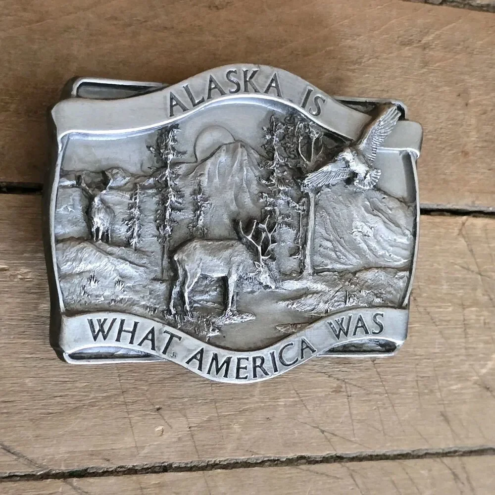 Alaska Is What America Was Belt Buckle Pewter 1981 Siskiyou / Bergamot Brass